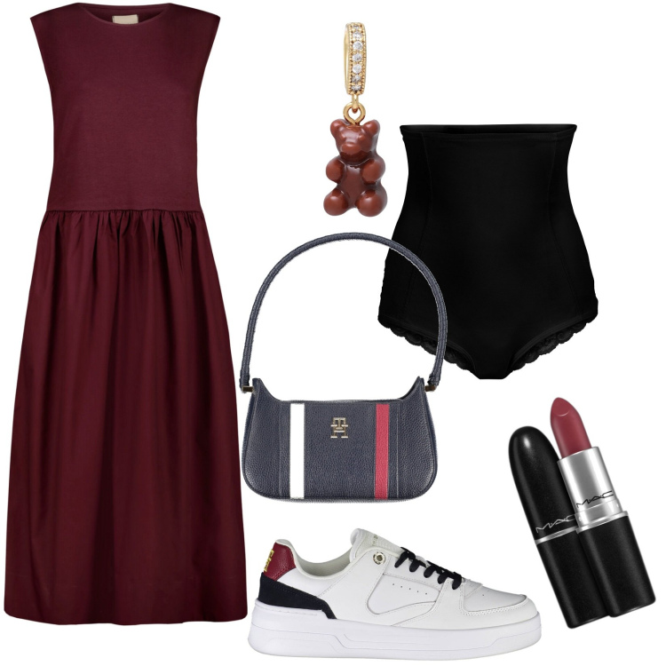 Outfit donna - Total look #1860485. Stile Casual per Ufficio. Abbinamento con culotte, rossetti, ciondoli, vestiti midi/longuette, scarpe sportive, borse a spalla.