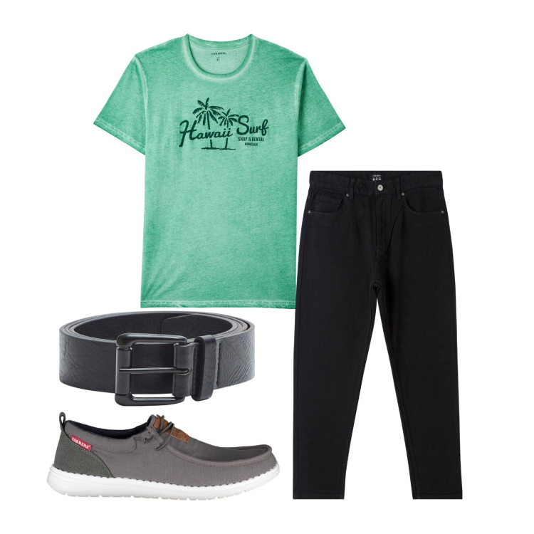 Outfit uomo - Una giornata fuori. Stile Casual per Tutti i giorni. Abbinamento con pantaloni, t-shirt, cinture, scarpe stringate.