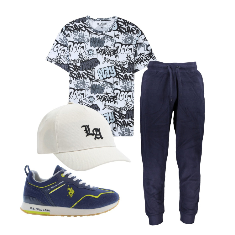 Outfit uomo - In totale relax .... Stile Casual per Tutti i giorni. Abbinamento con t-shirt, cappelli, pantaloni, scarpe sportive.