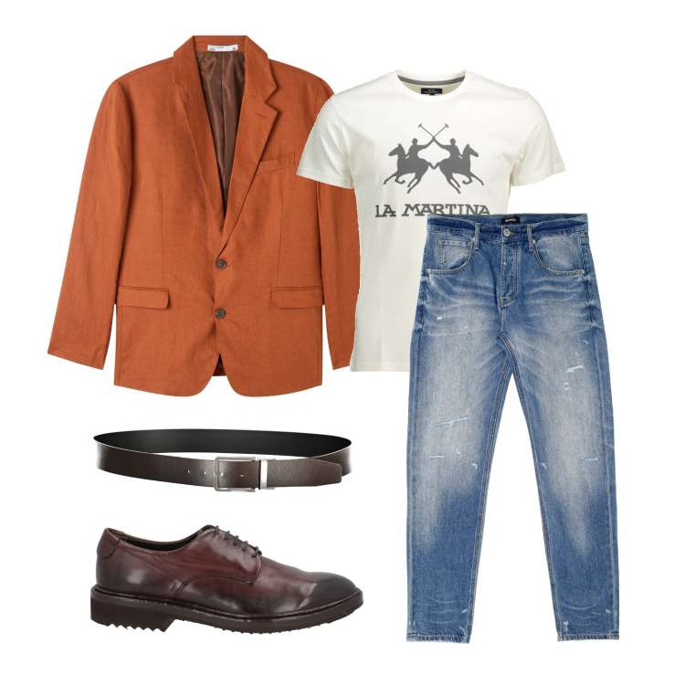 Outfit uomo - La giacca ruggine. Stile Trendy per Tutti i giorni. Abbinamento con scarpe stringate, giacche, jeans dritti, cinture, t-shirt.