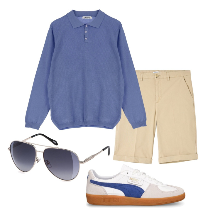 Outfit uomo - Pomeriggio in famiglia. Stile Casual per Tutti i giorni. Abbinamento con bermuda, pullovers, sneakers, occhiali da sole.