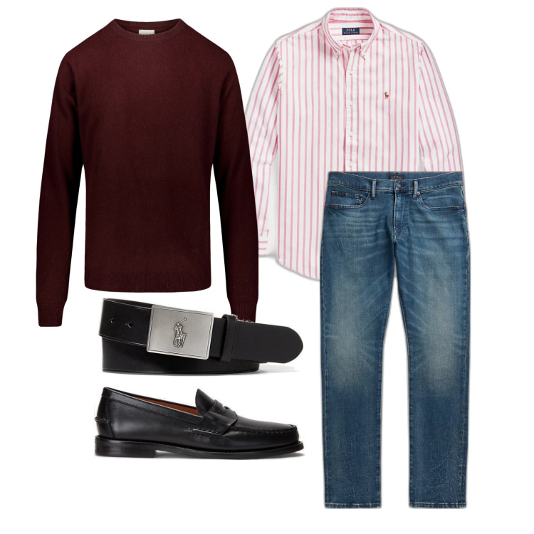 Outfit uomo - La riga classica rivisitata. Stile Business/Elegante per Ufficio. Abbinamento con scarpe stringate, cinture, camicie, jeans, maglieria.