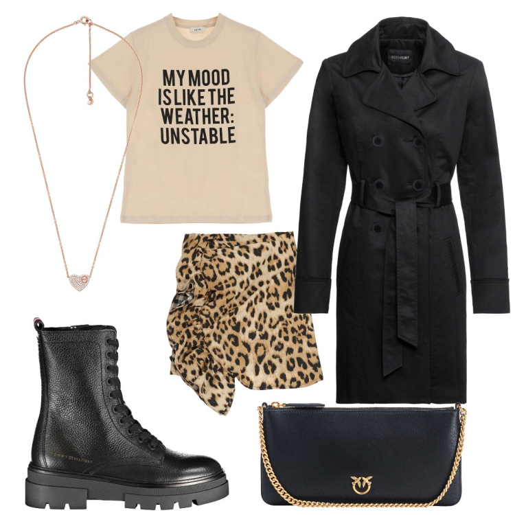 Outfit donna - Total look #1860537. Stile Rock per Serata fuori. Abbinamento con trench, ciondoli, borse a tracolla, minigonne, t-shirt, stivali.