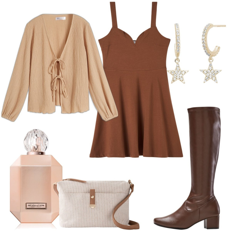 Outfit donna - Total look #1860547. Stile Sexy per Serata fuori. Abbinamento con stivali, cardigans, borse a tracolla, profumi, vestiti, orecchini.