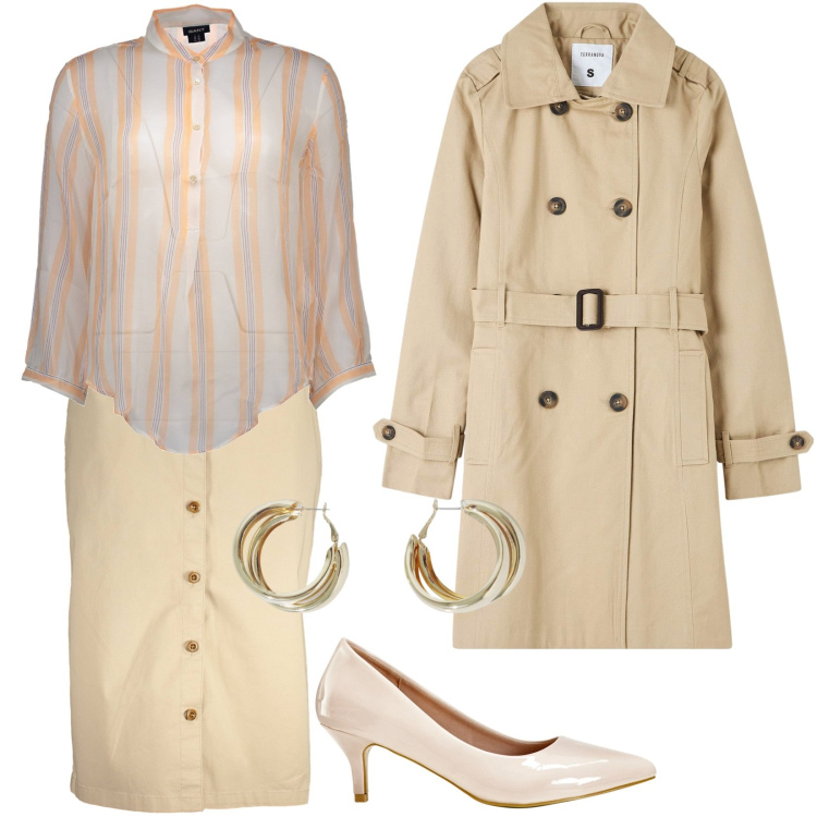 Outfit donna - Total look #1860551. Stile Casual per Ufficio. Abbinamento con décolleté, trench, orecchini, camicie, gonne longuette.