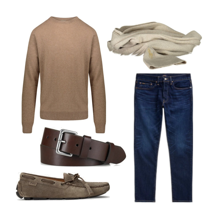 Outfit uomo - Pranzo in città. Stile Trendy per Tutti i giorni. Abbinamento con scarpe stringate, jeans, cinture, maglieria, sciarpe.