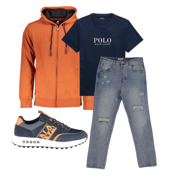 Outfit uomo - Coloriamo la giornata. Stile Urban per Tutti i giorni. Abbinamento con jeans dritti, t-shirt, felpe con cappuccio, scarpe sportive.