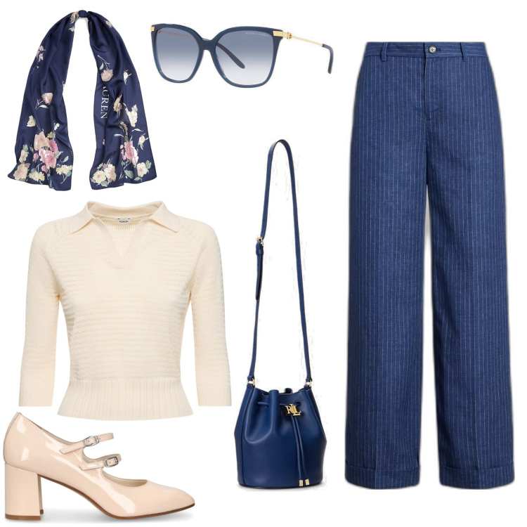 Outfit donna - Due passi in centro. Stile Urban per Tutti i giorni. Abbinamento con pantaloni, borse a secchiello, occhiali da sole, sciarpe, polo, décolleté.