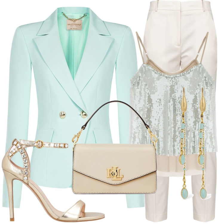 Outfit donna - Frescopastel. Stile Chic per Serata fuori. Abbinamento con top, pantaloni, sandali in pelle, blazer, borse a tracolla, orecchini.