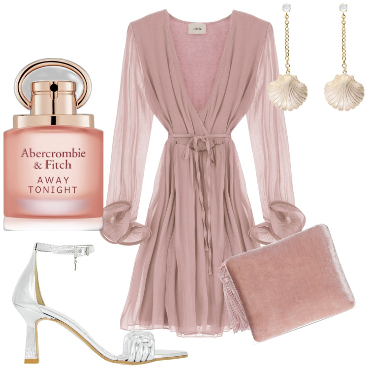 Outfit donna - Cerimonia in rosa. Stile Romantica per Cerimonia. Abbinamento con profumi, décolleté, vestiti corti, orecchini, pochette.