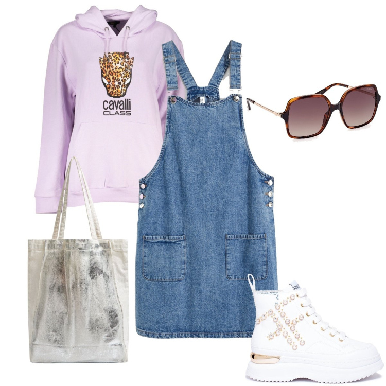 Outfit donna - La jumpsuit con la felpa. Stile Preppy per Tutti i giorni. Abbinamento con salopette, sneakers, felpe con cappuccio, shopping bag, occhiali da sole.