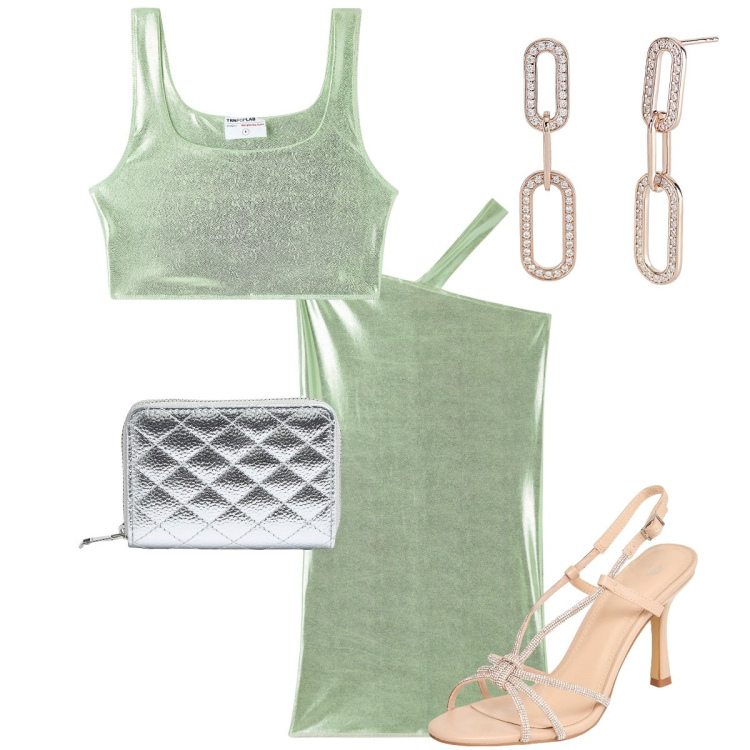 Outfit donna - Il completo verde lurex. Stile Glamour per Serata fuori. Abbinamento con gonne longuette, top, sandali col tacco, portafogli, orecchini.