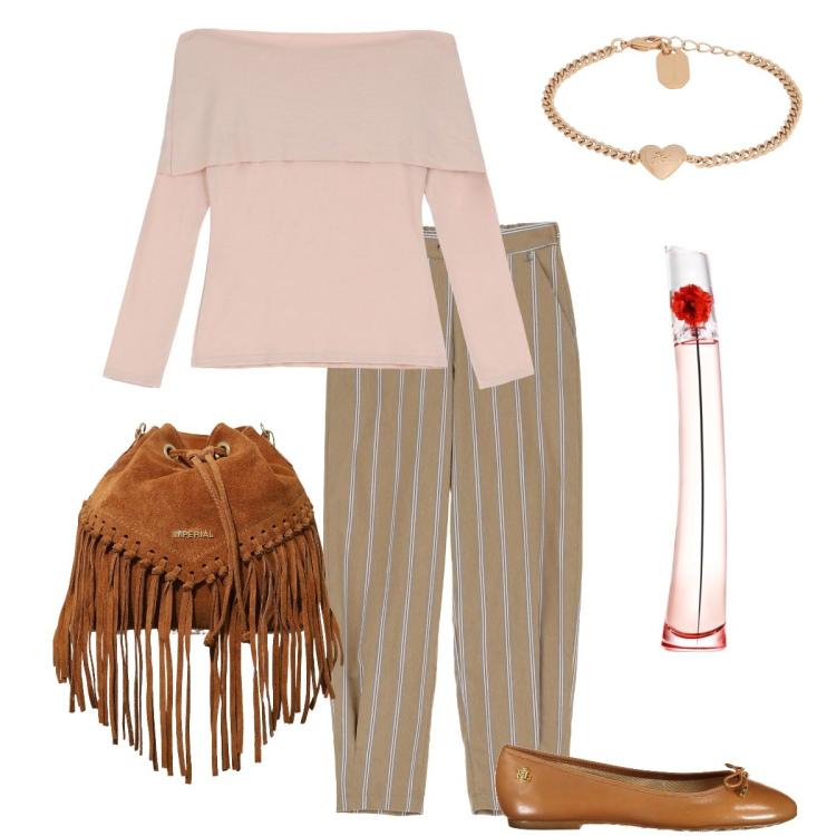 Outfit donna - Righe e frange. Stile Bon Ton per Ufficio. Abbinamento con braccialetti, profumi, borse a secchiello, top, pantaloni, ballerine.