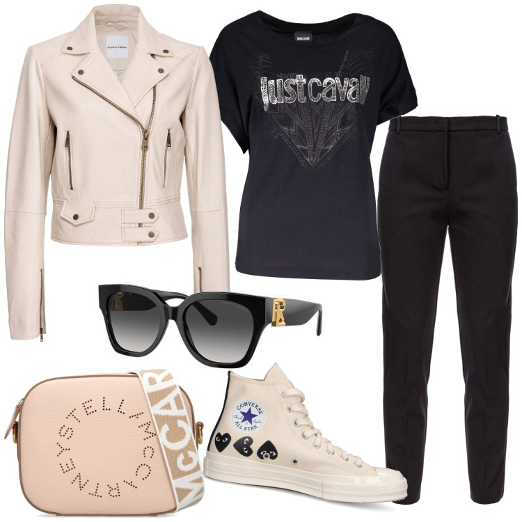 Outfit donna - Uno stile particolare. Stile Trendy per Tutti i giorni. Abbinamento con pantaloni, giacche, occhiali da sole, t-shirt, sneakers, borse a spalla.