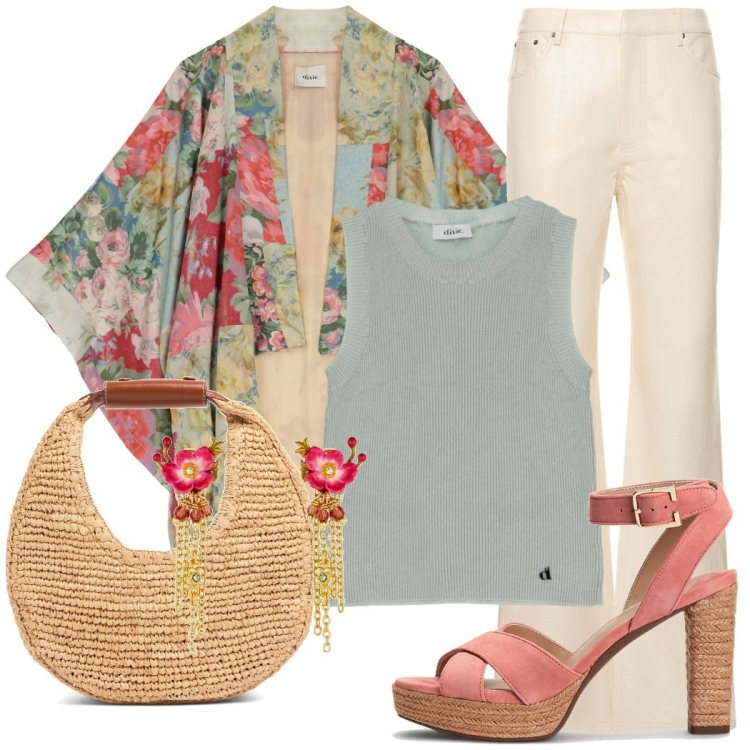 Outfit donna - Texturose. Stile Boho per Tutti i giorni. Abbinamento con orecchini, cardigans, top, sandali col tacco, shopping bag, pantaloni.