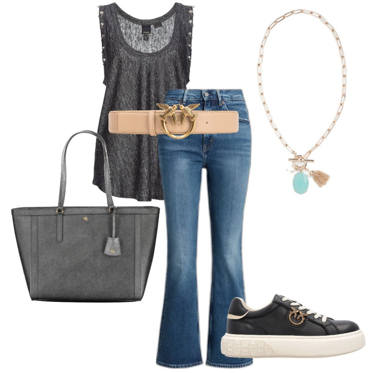 Outfit donna - La cintura rosa. Stile Casual chic per Tutti i giorni. Abbinamento con cinture, top, sneakers, jeans, collane, borse a spalla.