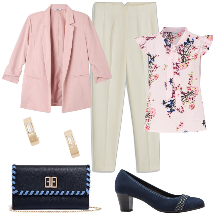Outfit donna - Cerimonia aprile. Stile Chic per Cerimonia. Abbinamento con bluse, décolleté, pantaloni, blazer, pochette, orecchini.