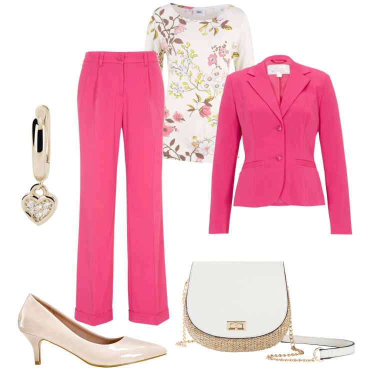 Outfit donna - Accesa e delicata. Stile Bon Ton per Ufficio. Abbinamento con borse a tracolla, maglieria, pantaloni, décolleté, blazer, orecchini.