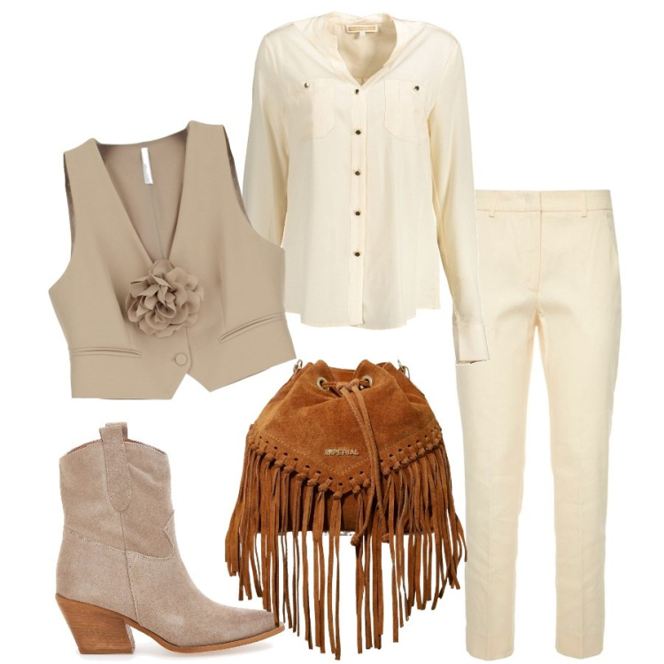 Outfit donna - Primavera color sabbia. Stile Casual per Tutti i giorni. Abbinamento con gilet, borse a secchiello, pantaloni, camicie, stivaletti.