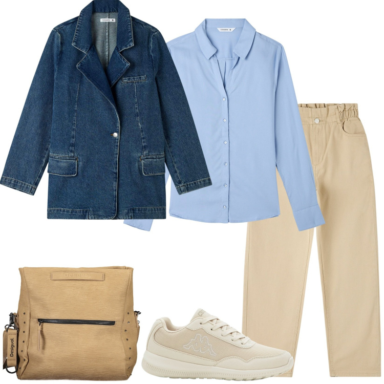 Outfit donna - Il blazer in denim. Stile Casual per Tutti i giorni. Abbinamento con sneakers, blazer, pantaloni, camicie, borse a spalla.