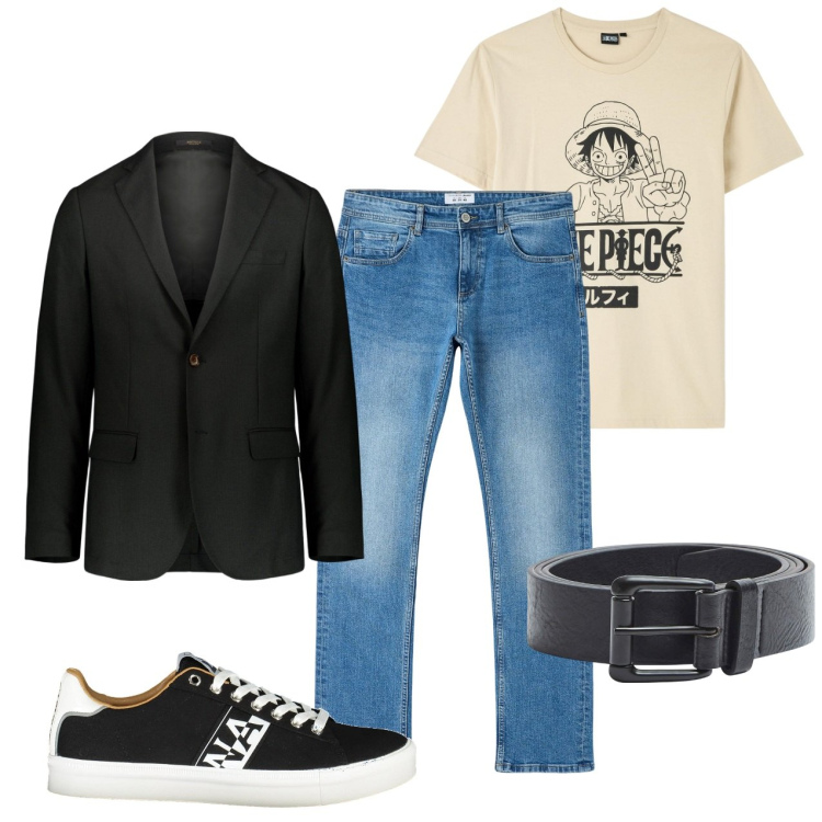Outfit uomo - Urban jeans. Stile Urban per Tutti i giorni. Abbinamento con t-shirt, jeans dritti, cinture, giacche, scarpe sportive.