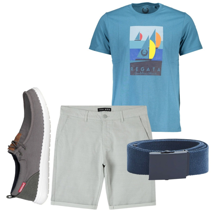 Outfit uomo - In barca. Stile Casual per Tutti i giorni. Abbinamento con shorts, cinture, scarpe stringate, t-shirt.