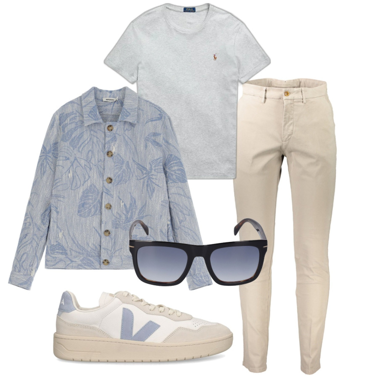 Outfit uomo - Foglie carta da zucchero. Stile Trendy per Tutti i giorni. Abbinamento con giacche, t-shirt, occhiali da sole, pantaloni, sneakers.