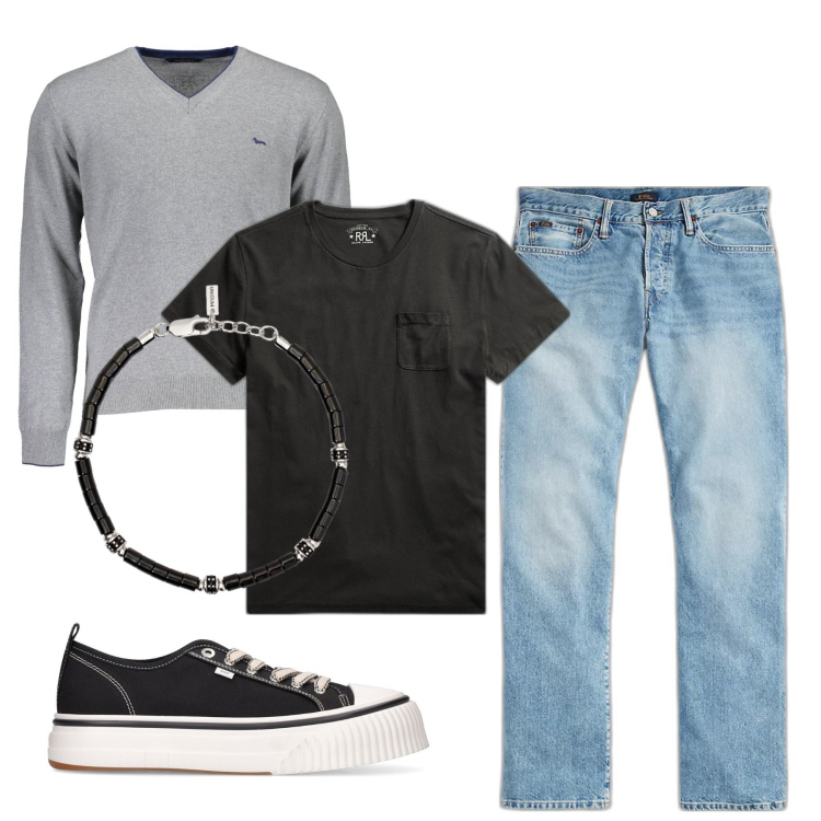 Outfit uomo - Un pull per la sera. Stile Casual per Tutti i giorni. Abbinamento con braccialetti, t-shirt, jeans, maglieria, sneakers.