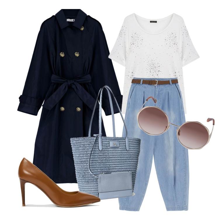 Outfit donna - Ghost outfitter - aprile. Stile Casual chic per Tutti i giorni. Abbinamento con cappotti, jeans, décolleté, borse tote, t-shirt, occhiali da sole.