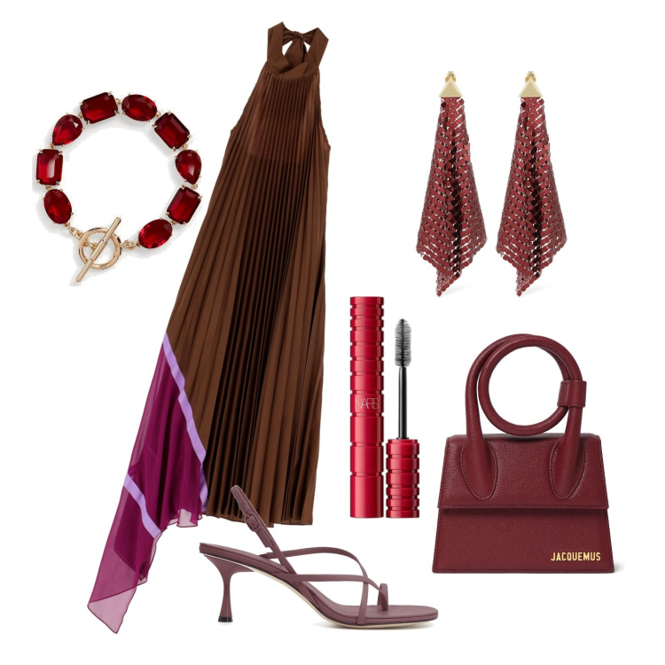 Outfit donna - Ghost outfitter - aprile. Stile Glamour per Cerimonia. Abbinamento con mascara, braccialetti, vestiti lunghi, orecchini, borse a mano, sandali in pelle.