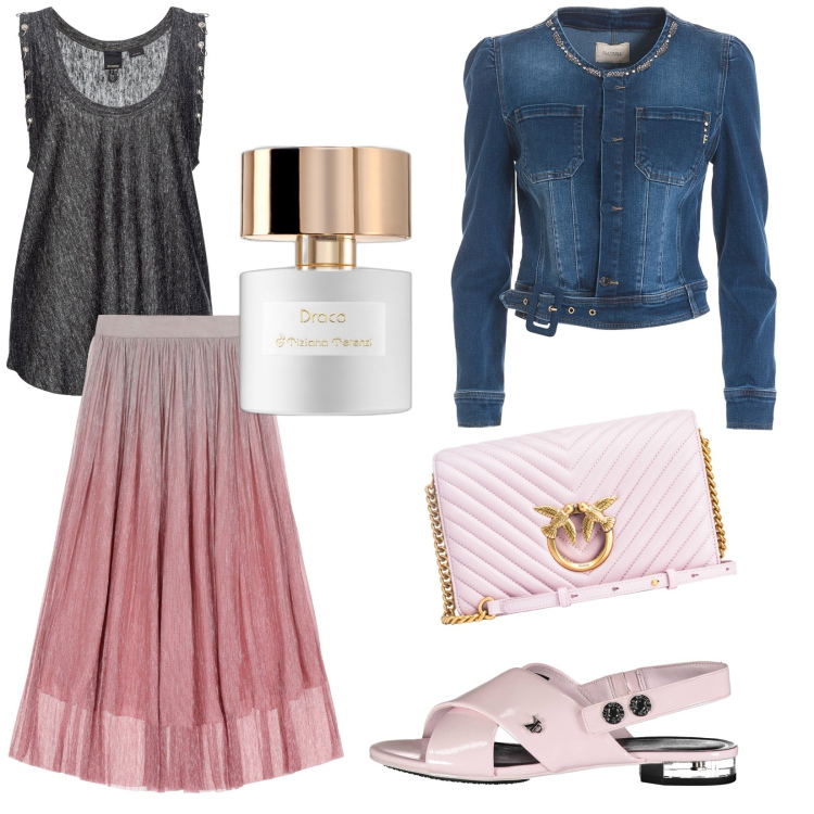 Outfit donna - Il mio casual chic. Stile Casual chic per Tutti i giorni. Abbinamento con profumi, top, borse a tracolla, blazer, gonne lunghe, sandali col tacco.