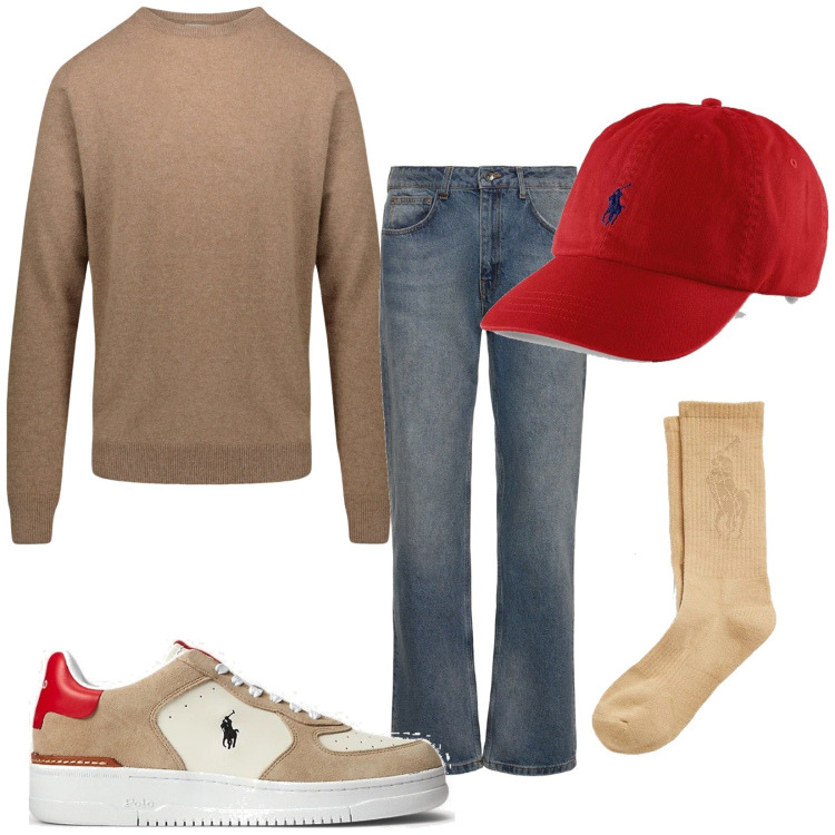Outfit uomo - Total look #1860705. Stile Trendy per Tutti i giorni. Abbinamento con cappelli, sneakers, calzini, maglieria, jeans dritti.