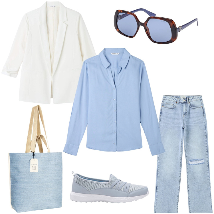 Outfit donna - Bianco e celeste. Stile Casual chic per Ufficio. Abbinamento con sneakers, jeans strappati, camicie, blazer, borse tote, occhiali da sole.