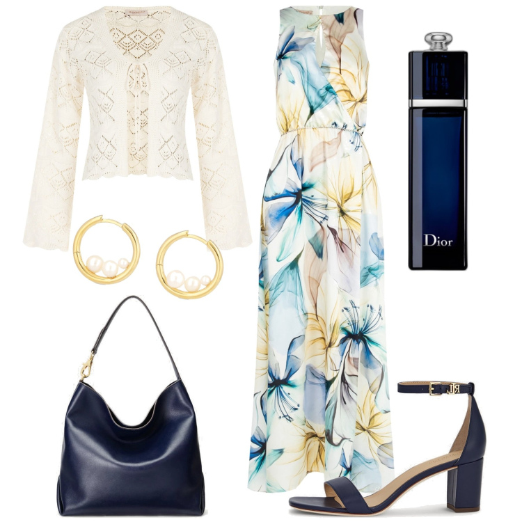 Outfit donna - Cerimonia aprile. Stile Chic per Cerimonia. Abbinamento con profumi, vestiti lunghi, cardigans, sandali in pelle, borse a spalla, orecchini.