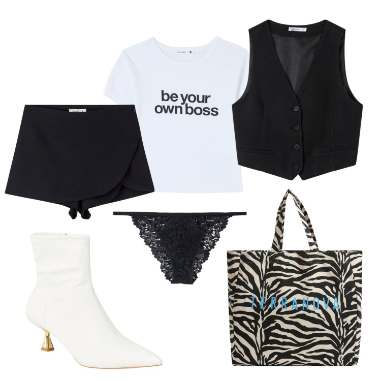 Outfit donna - Be your own boss. Stile Sexy per Serata fuori. Abbinamento con minigonne, borse tote, stivaletti, culotte, gilet, t-shirt.