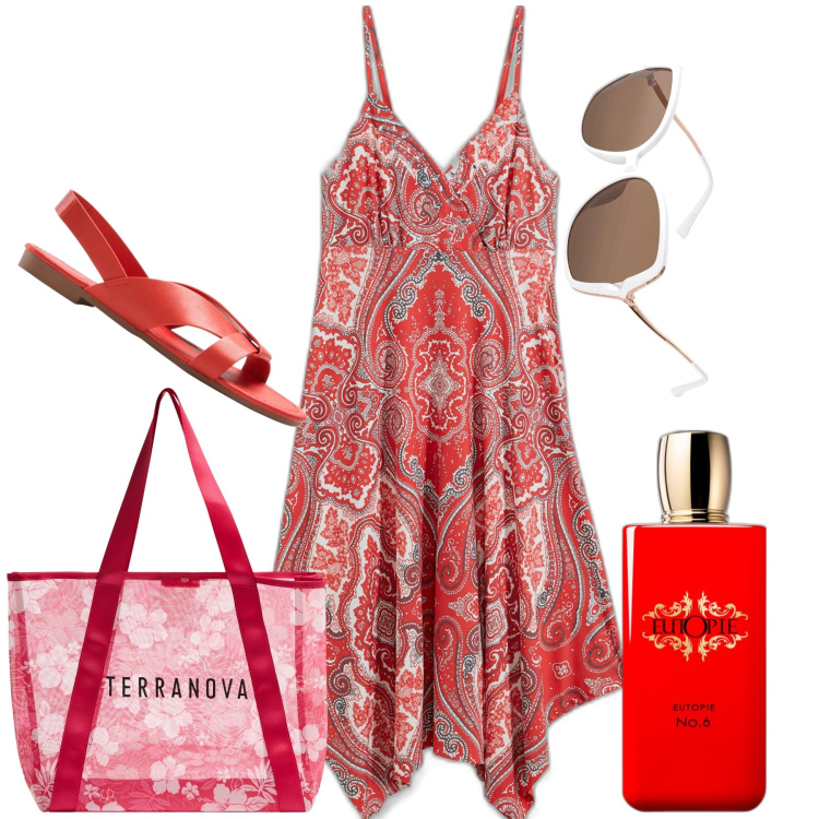 Outfit donna - Piena estate. Stile Boho per Mare. Abbinamento con vestiti, sandali, occhiali da sole, profumi, shopping bag.