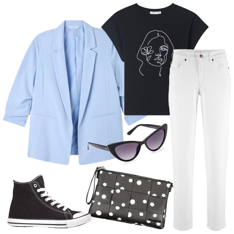 Outfit donna - Blazer celeste. Stile Casual per Tutti i giorni. Abbinamento con sneakers alte, jeans mom, t-shirt, blazer, borse a spalla, occhiali da sole.