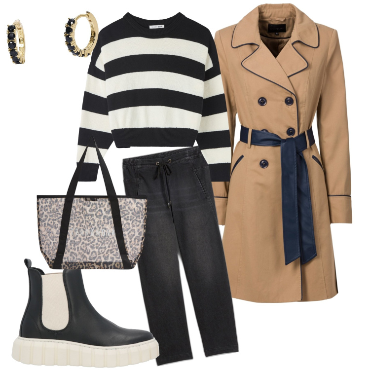 Outfit donna - Singing in the rain. Stile Basic per Tutti i giorni. Abbinamento con trench, jeans boyfriend, stivaletti, maglieria, shopping bag, orecchini.