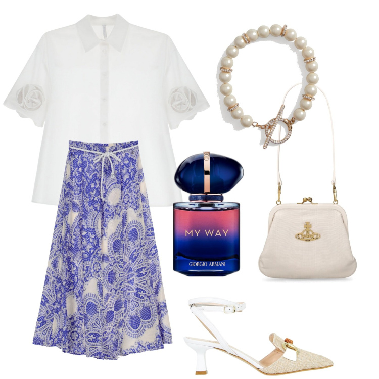 Outfit donna - Al battesimo. Stile Chic per Cerimonia. Abbinamento con profumi, camicie a manica corta, sandali col tacco, gonne lunghe, braccialetti, pochette.