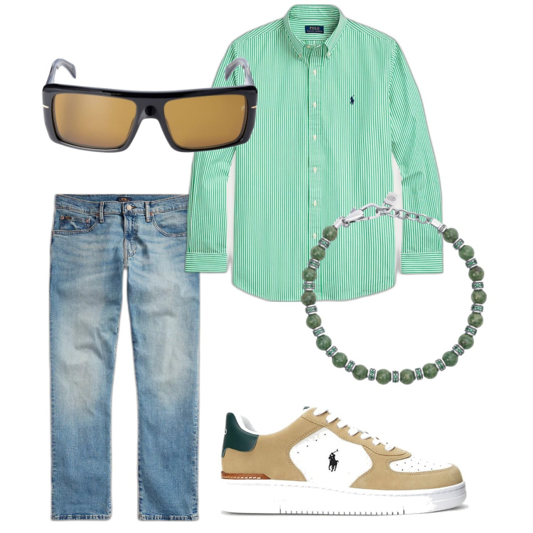 Outfit uomo - Total look #1860787. Stile Trendy per Tutti i giorni. Abbinamento con braccialetti, camicie, jeans, sneakers, occhiali da sole.