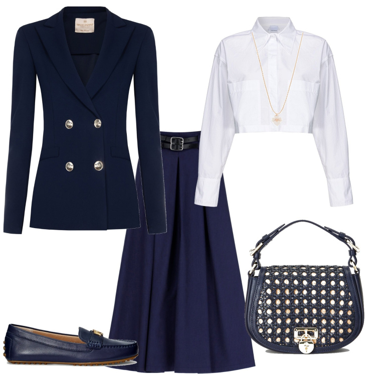 Outfit donna - Bon ton per un pomeriggio. Stile Bon Ton per Tutti i giorni. Abbinamento con collane, camicie, gonne longuette, blazer, mocassini, borse a tracolla.