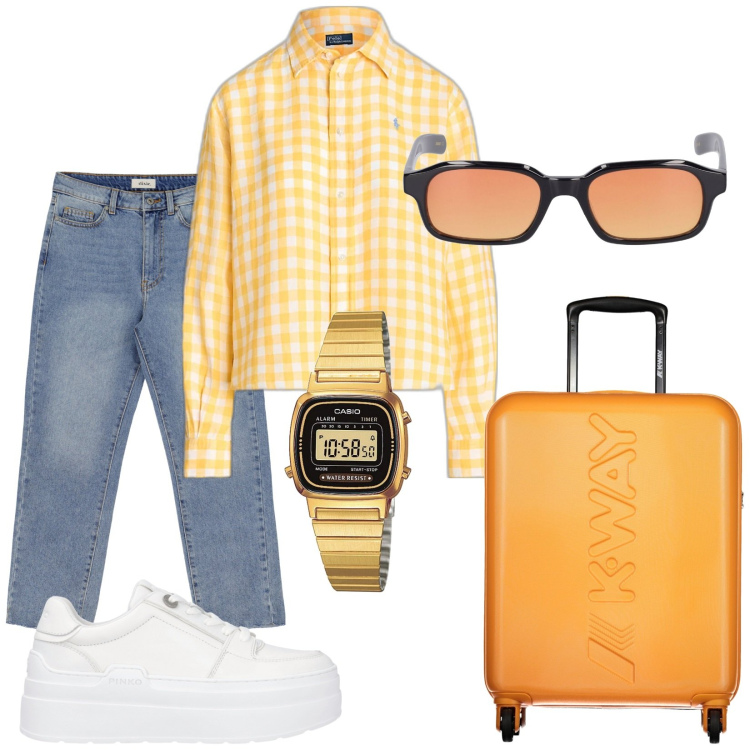 Outfit donna - Pronta per andare. Stile Trendy per Tutti i giorni. Abbinamento con orologi, sneakers, jeans slim fit, camicie, valigie, occhiali da sole.