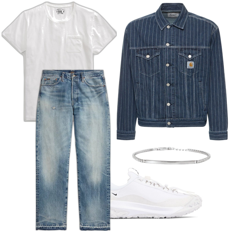 Outfit uomo - Denim. Stile Trendy per Tutti i giorni. Abbinamento con braccialetti, t-shirt, jeans dritti, giacche, sneakers.