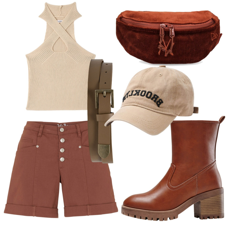 Outfit donna - Total look #1860852. Stile Casual per Tutti i giorni. Abbinamento con stivaletti, shorts, cappelli, top, cinture, marsupi.
