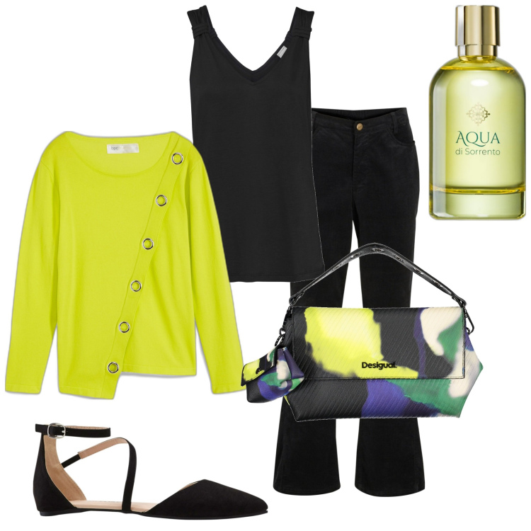 Outfit donna - In città. Stile Casual per Tutti i giorni. Abbinamento con pantaloni, top, maglieria, ballerine, profumi, borse a spalla.