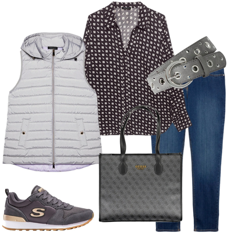 Outfit donna - Pioggia di aprile. Stile Casual per Tutti i giorni. Abbinamento con sneakers, cinture, piumini, camicie, borse a spalla, jeans skinny.