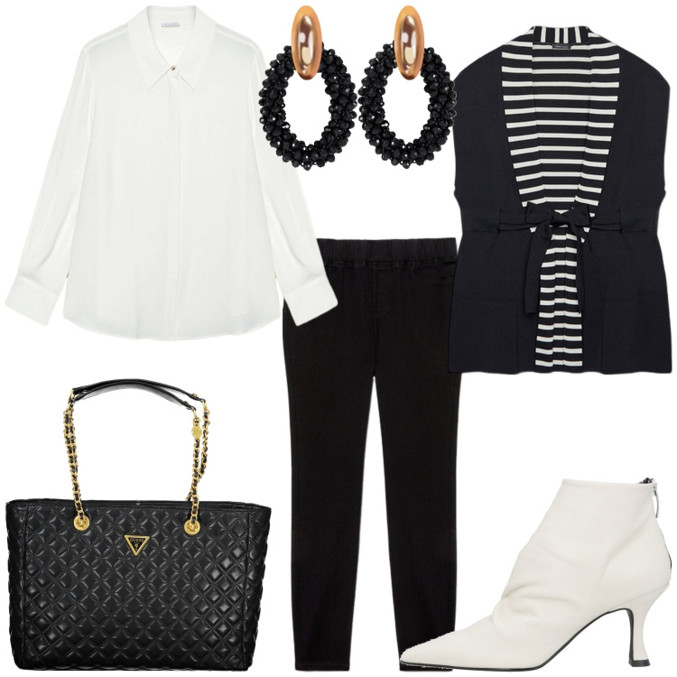 Outfit donna - Il gilet in tricot. Stile Chic per Tutti i giorni. Abbinamento con stivaletti, orecchini, gilet, jeggings, borse a spalla, camicie.