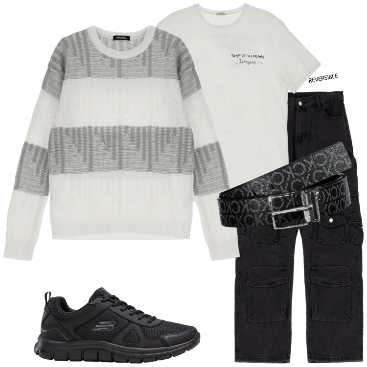 Outfit uomo - In città. Stile Casual per Tutti i giorni. Abbinamento con sneakers, pullovers, t-shirt, pantaloni cargo, cinture.