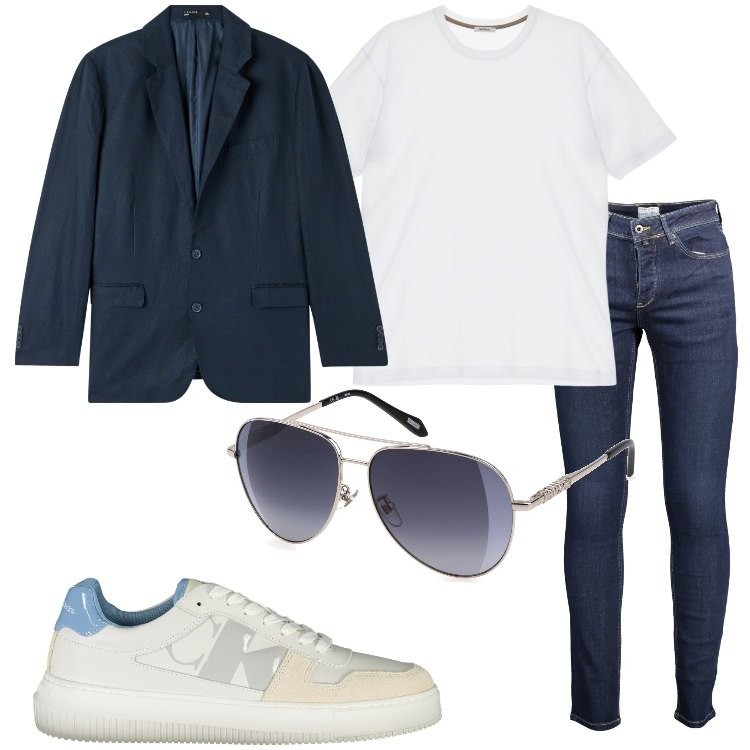 Outfit uomo - Uno stile semplice ma d\'effetto. Stile Casual per Tutti i giorni. Abbinamento con giacche, t-shirt, jeans slim fit, scarpe sportive, occhiali da sole.