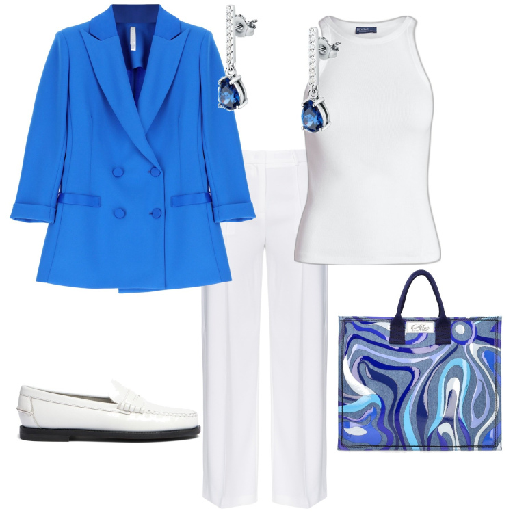 Outfit donna - Chic shopping in centro. Stile Chic per Tutti i giorni. Abbinamento con orecchini, pantaloni, blazer, canottiere, shopping bag, mocassini.